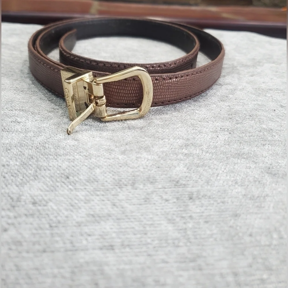 CALVIN KLEIN FANCY BROWN LEATHER THIN PANTS BELT GOLD‎ METAL SQUARE BUCKLE SZ L.